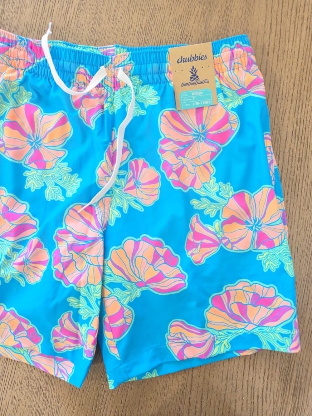 chubbies Men’s Blue Swim Trunks with Pink & Orange Floral Print - Picture 2 of 3
